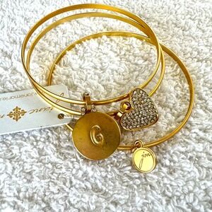 JANE MARIE Set 3 Matte Gold Tone Bangle Bracelets Heart Initial "G Dangle Charms